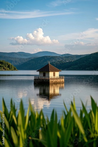 there is a small house on the water with mountains in the background