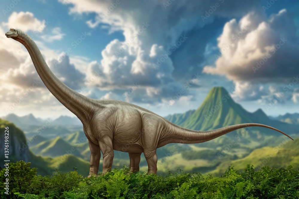 Fototapeta premium Supersaurus, one of the longest known dinosaurs, a huge sauropod from the Jurassic. Extremely long neck and tail. Herbivore