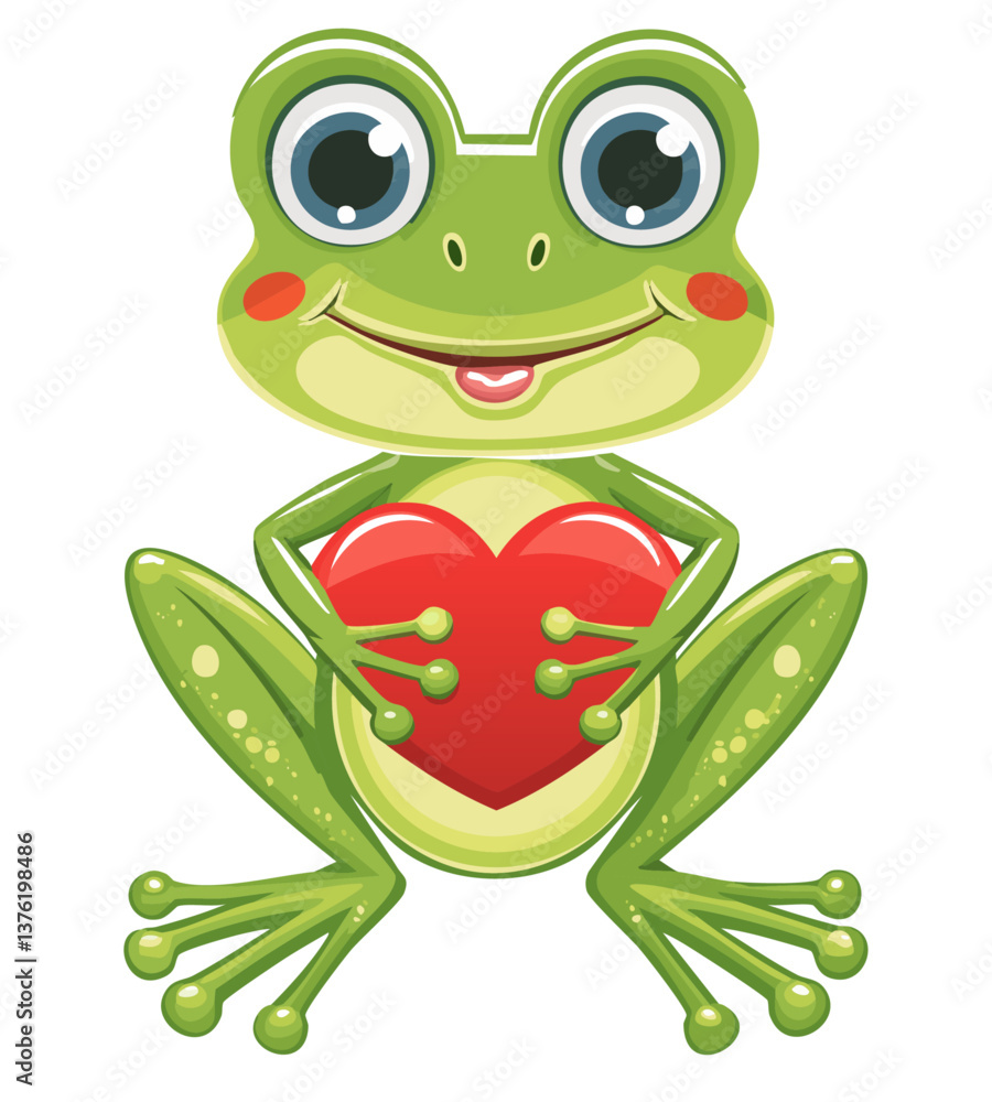 Fototapeta premium A frog in love - a green frog with big eyes and stretched lips, holding a red heart in one paw and smiling charmingly.