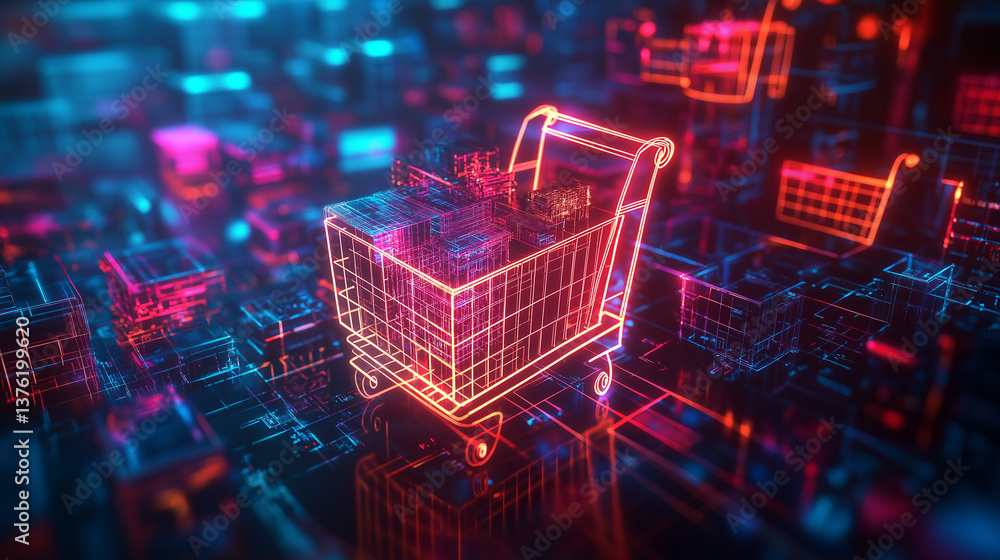 A glowing digital shopping cart overflowing with vibrant products, symbolizing the exciting future of online retail in a neon-lit cityscape. A glowing digital shopping cart overflowing with vibrant products, symbolizing the exciting future of online retail in a neon-lit cityscape.
