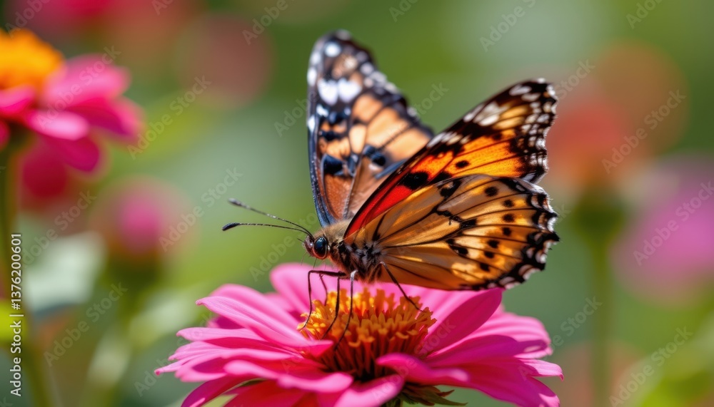 A close up view of a colorful butterfly resting on a bright flower. A close up view of a colorful butterfly resting on a bright flower.