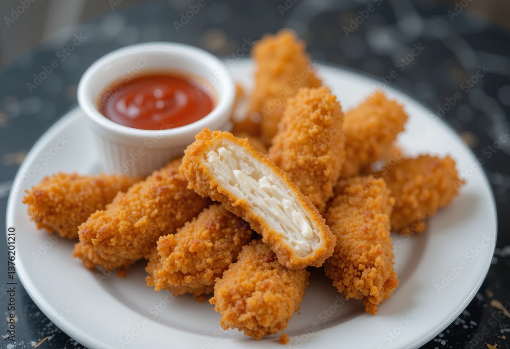A plate of breaded chicken strips and fries with ketchup for dipping. A plate of breaded chicken strips and fries with ketchup for dipping.