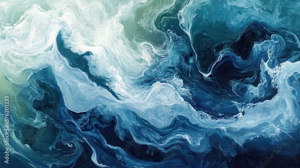 Aerial view of dynamic ocean waves with white foam, captured from above, showcasing swirling patterns in deep blues and greens illustration