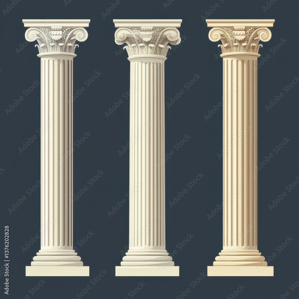 Three elegant columns showcasing classical architectural style in neutral tones against a dark background Three elegant columns showcasing classical architectural style in neutral tones against a dark background