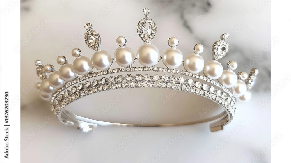 Obraz premium Elegant pearl and crystal tiara, perfect for bridal, prom, or special occasion. Sparkling crown, luxurious accessory.