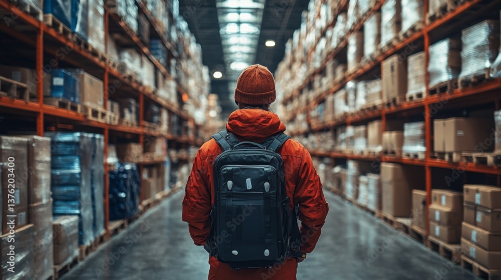 Individual stands among towering shelves stacked with packages in a logistics center, highlighting the importance of automation in contemporary supply chain management. Individual stands among towering shelves stacked with packages in a logistics center, highlighting the importance of automation in contemporary supply chain management.