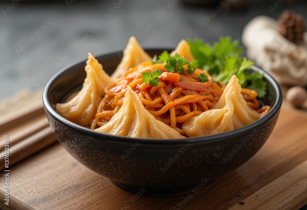 A close-up of a bowl of spicy stir-fried instant noodles and gyoza dumplings. A close-up of a bowl of spicy stir-fried instant noodles and gyoza dumplings.