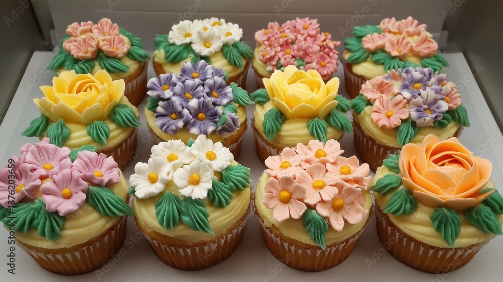 Cupcake Bouquet with Frosting Flowers. Assorted floral cupcakes with decorative icing for celebrations and events Cupcake Bouquet with Frosting Flowers. Assorted floral cupcakes with decorative icing for celebrations and events