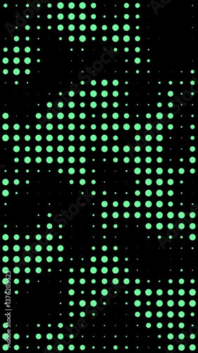 Looped animated green dots on a black vertical 4k video. Technology, big data, digital noise, LED screens, pixelated data visualization. Abstract background seamless loop.