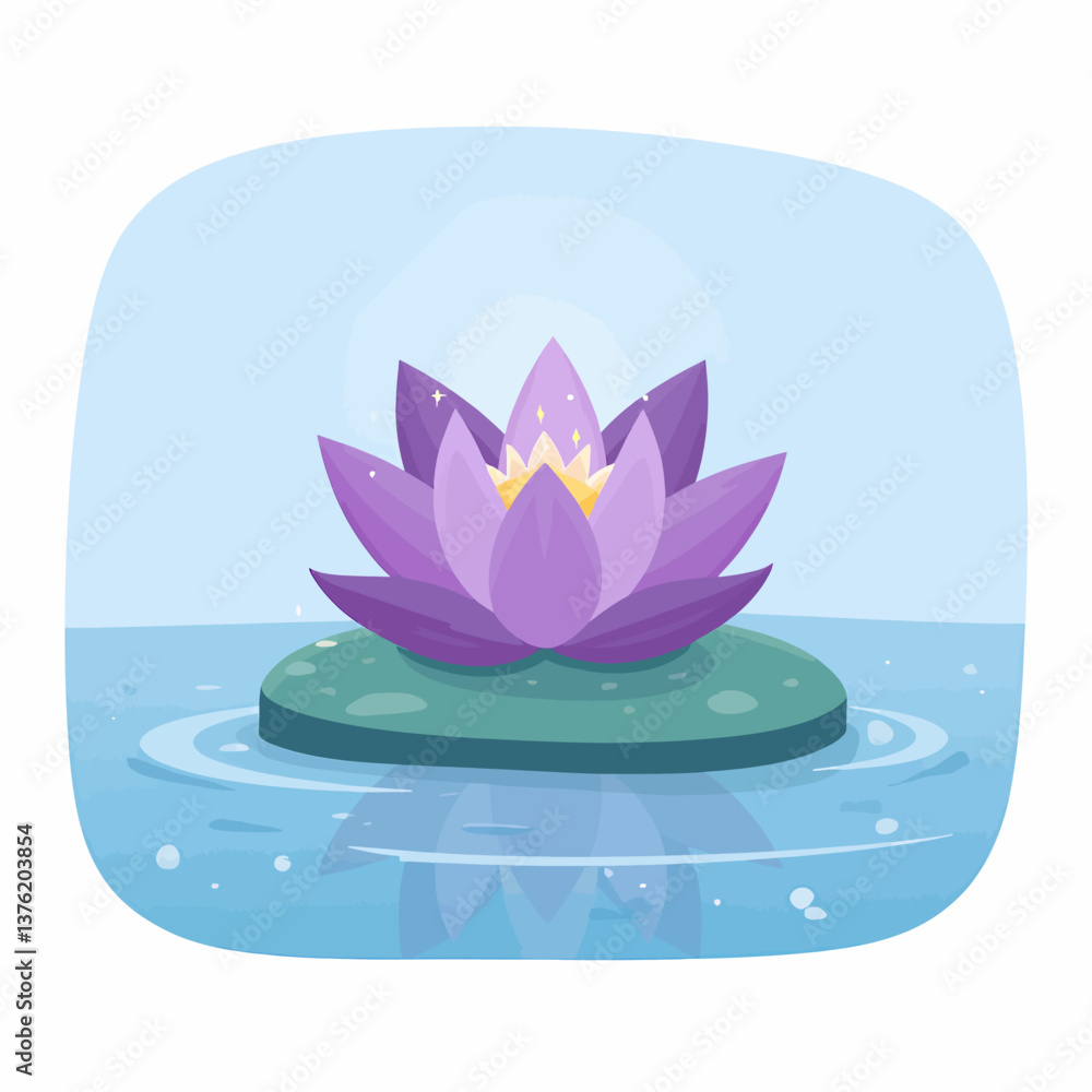 Purple lotus flower on lily pad in blue water