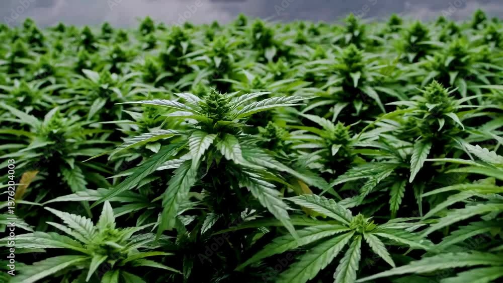 Lush green cannabis plants growing under dramatic stormy sky Lush green cannabis plants growing under dramatic stormy sky