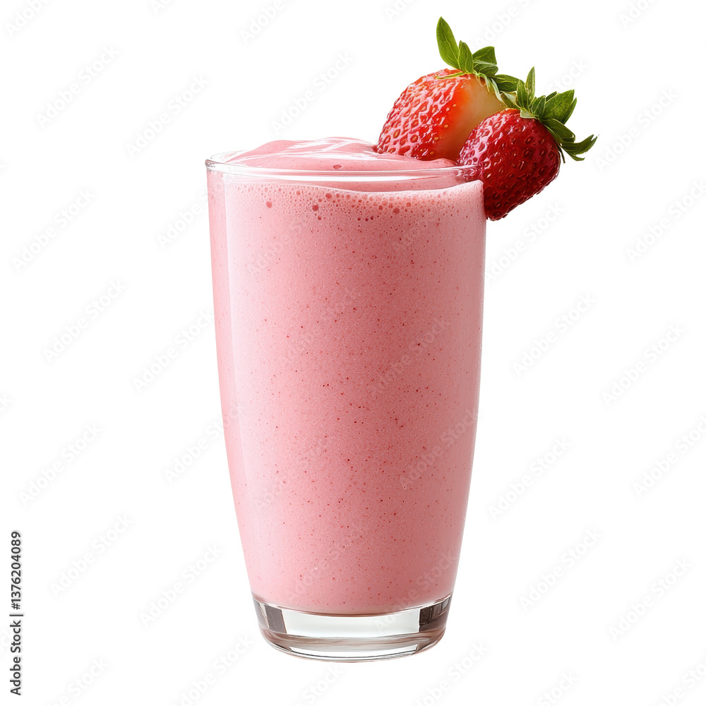 Delicious strawberry smoothie topped with fresh berries in a tall glass. transparent background. Delicious strawberry smoothie topped with fresh berries in a tall glass. transparent background.