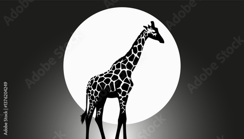 Black and white silhouette of a giraffe on the background of the moon. Vector graphics. EPS.