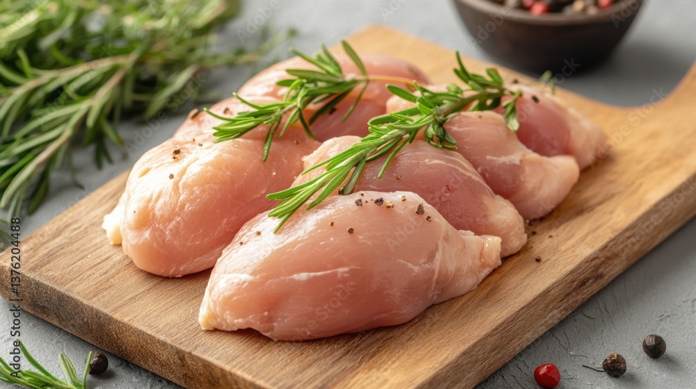 Fresh raw chicken breasts with rosemary and peppercorns on wooden board for culinary preparation Fresh raw chicken breasts with rosemary and peppercorns on wooden board for culinary preparation