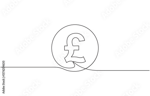 Continuous line drawing of pound sterling symbol. Line art of pound coin sign, British pound. One line continuous British money isolated on white background. Line art, outline, vector illustration.