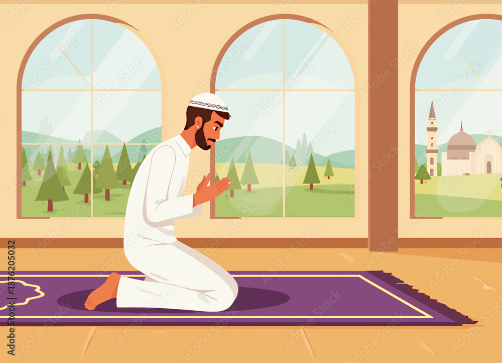 Muslim man praying on rug with mosque view