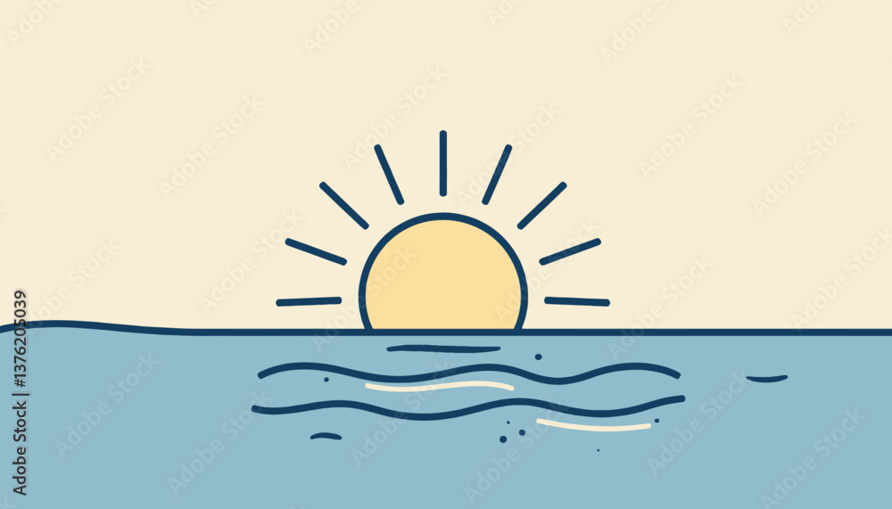 Minimalist sunrise over ocean waves illustration