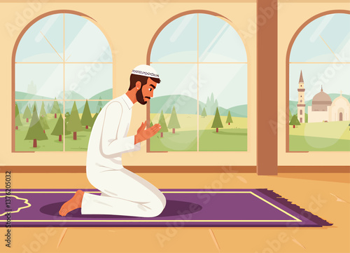Obraz na płótnie Muslim man praying on rug with mosque view w salonie