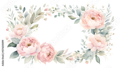 Watercolor Floral Wreath with Pink Roses – Elegant Botanical Frame, Hand-Painted Flower Wreath, Soft Pastel Floral Frame – Delicate Watercolor Wedding Design