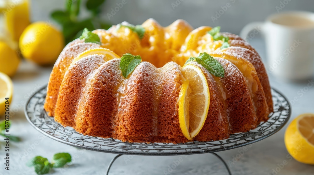 Lemon bundt cake served on a platter. Lemon bundt cake served on a platter.