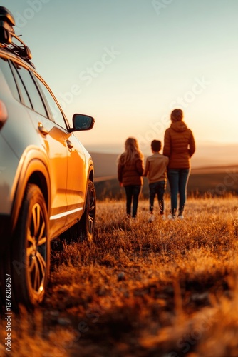 Golden sunset illuminates family walking in nature, car parked n