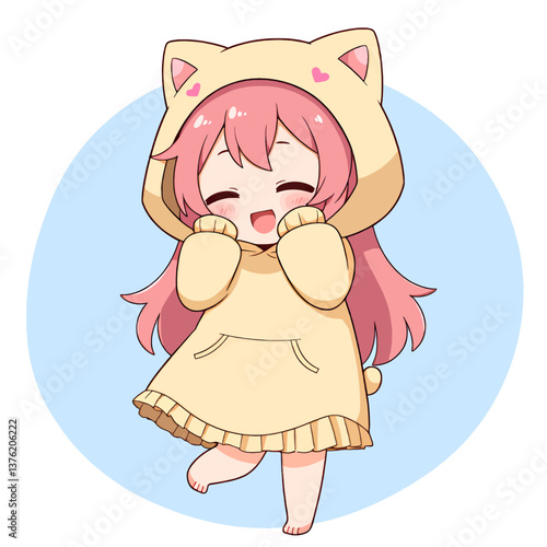 Happy anime girl in cat hoodie with pink hair