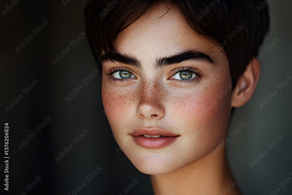A close-up portrait of a young woman with short dark hair, green eyes, and freckles on her face, looking directly at the camera with a soft expression. A close-up portrait of a young woman with short dark hair, green eyes, and freckles on her face, looking directly at the camera with a soft expression.