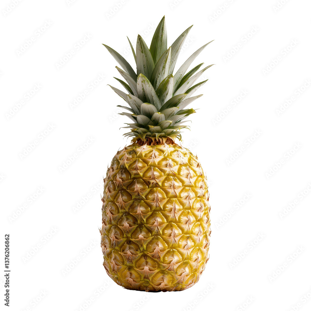 Fototapeta premium Fresh pineapple with a vibrant yellow color and spiky green leaves ready to enjoy. transparent background.