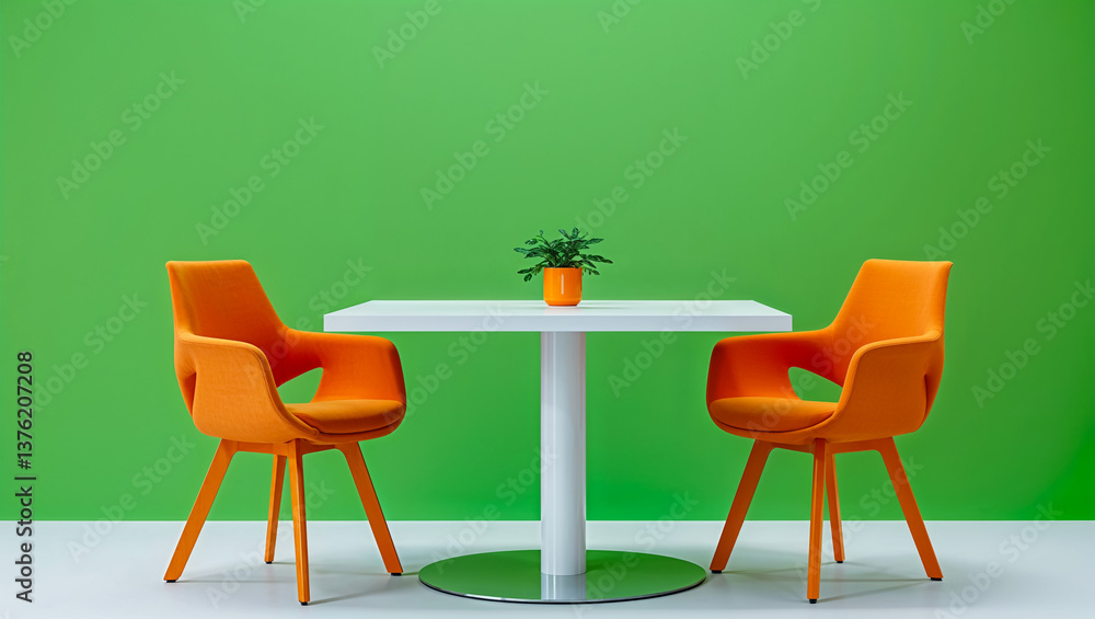 Fototapeta premium A vibrant minimalist scene of two modern orange chairs and a small white table, set against a bright green wall, creating a calm and cheerful atmosphere.