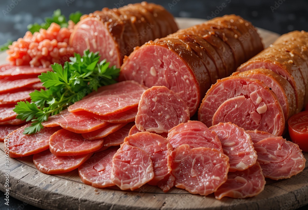 A platter of cold smoked meats, including prosciutto, salami, and pork chops, served on a wooden board. A platter of cold smoked meats, including prosciutto, salami, and pork chops, served on a wooden board.