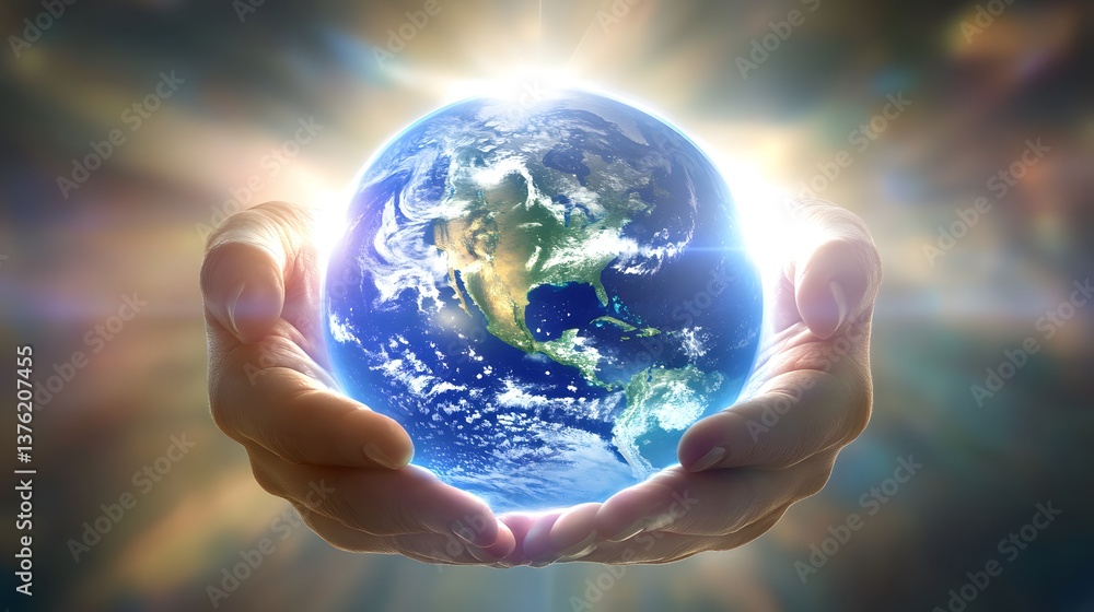 A pair of hands gently cradling the Earth, symbolizing care for the planet and environmental stewardship against a radiant background. A pair of hands gently cradling the Earth, symbolizing care for the planet and environmental stewardship against a radiant background.