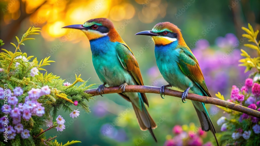 Fototapeta premium Vibrant Jewel-toned Birds Perched on Branch Amidst Blooming Flowers in a Garden Setting