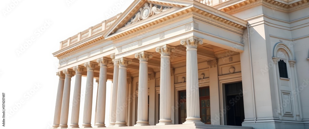 Fototapeta premium Isolated grand historical building; columns, ornate facade, cultural heritage, education, architecture, history, classical, elegant, white background, empty space, photo, classical