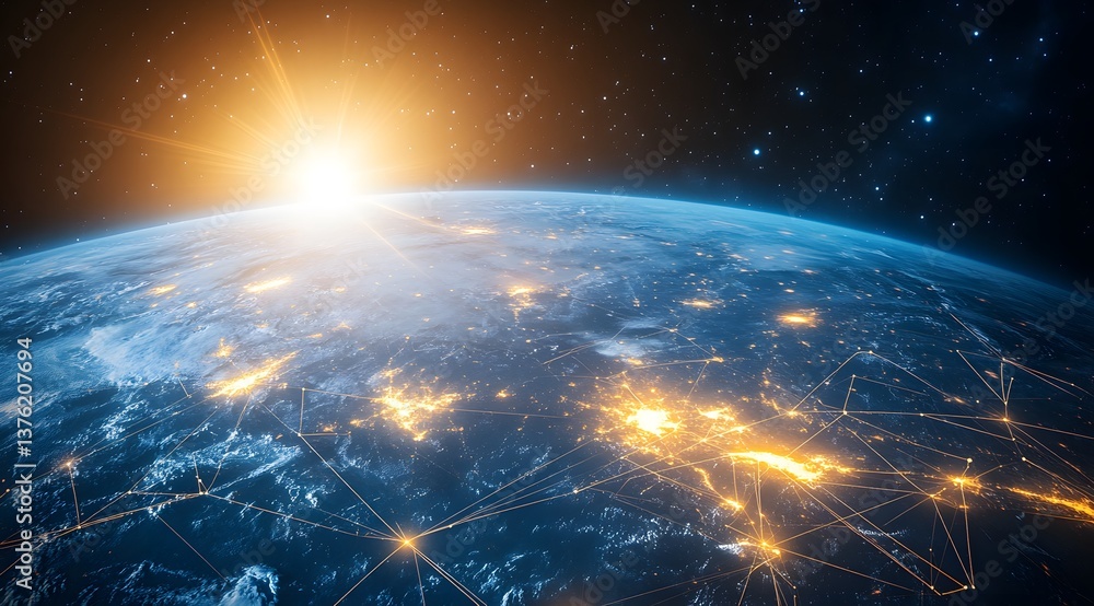 Obraz premium A stunning view of Earth from space, showcasing the planet's curvature, illuminated by the sun with a network of connections representing global communication and technology.