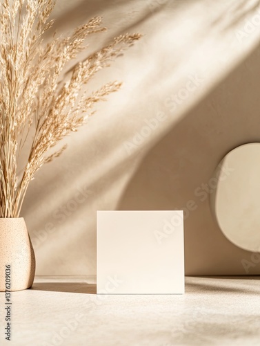 Minimalist design showcases blank canvas beside elegant dried pl