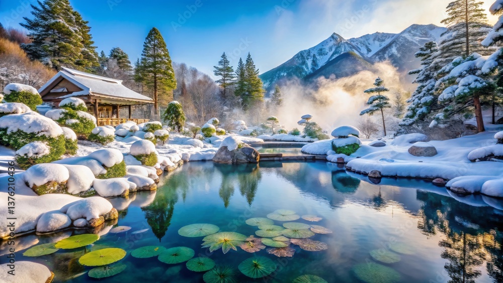 Fototapeta premium Serene Winter Landscape A snow-covered gazebo overlooks a tranquil, crystalline pond reflecting snow-laden trees and majestic mountains under a brilliant sunrise.