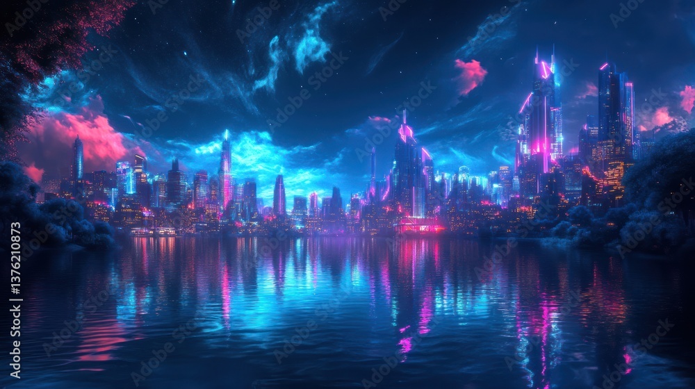Fototapeta premium Glowing futuristic city reflecting in tranquil waters under a colorful sky