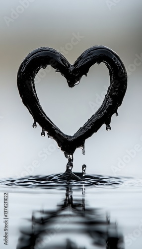 Heart-shaped water droplet art.  A dark, liquid heart slowly drips into still water, creating a captivating visual.
