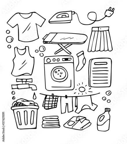 A set of doodle drawing style about laundry isolated on white background 
