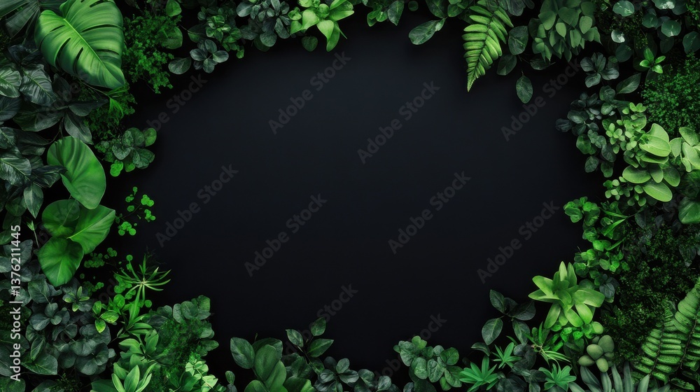 Fototapeta premium A black background with a green border of plants. The plants are arranged in a way that they form a frame around the black background. The image has a natural and calming feel to it illustration