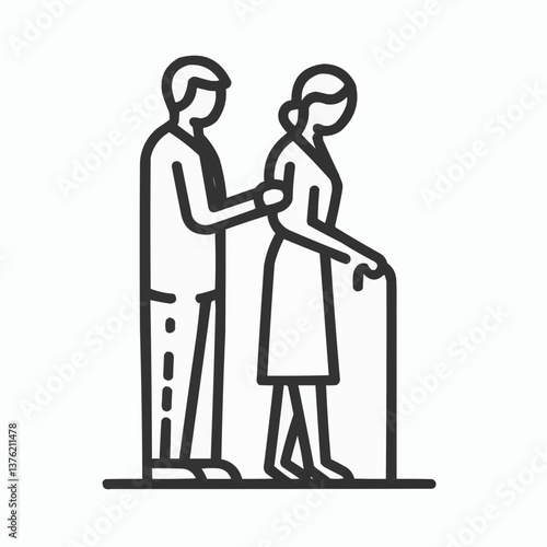 Vector illustration of caregiver assisting elderly woman with walking cane for support
