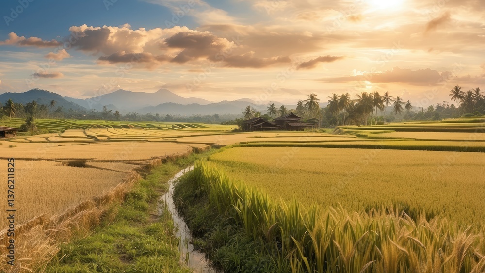 Fototapeta premium Close-up of ripe rice grains hanging from tall,