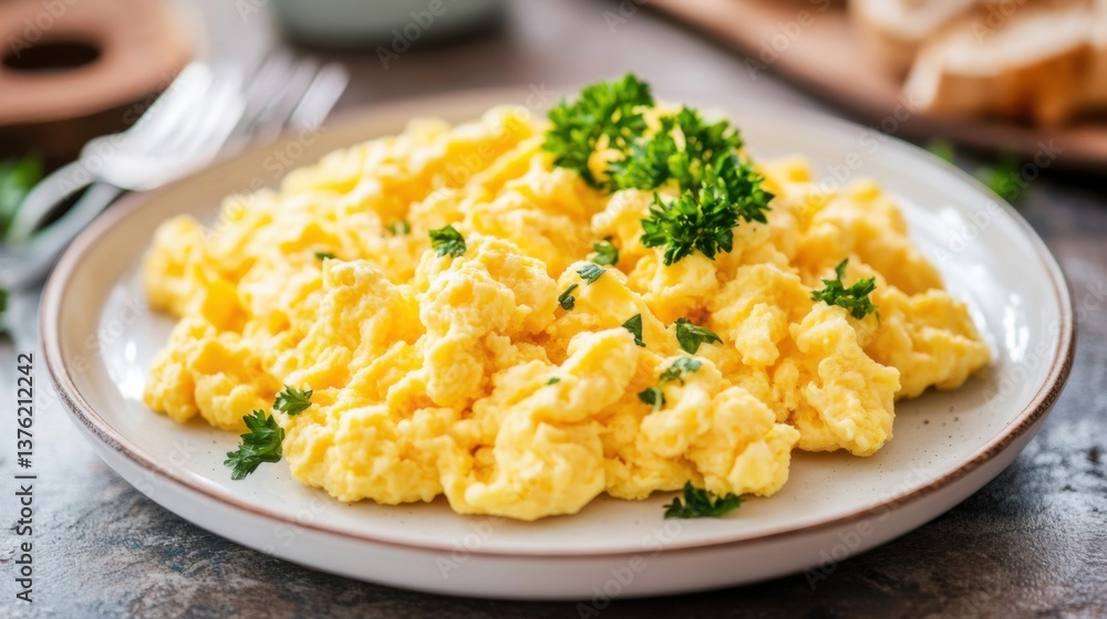 Fluffy scrambled eggs garnished with fresh herbs served on a rustic plate in a cozy kitchen setting Fluffy scrambled eggs garnished with fresh herbs served on a rustic plate in a cozy kitchen setting