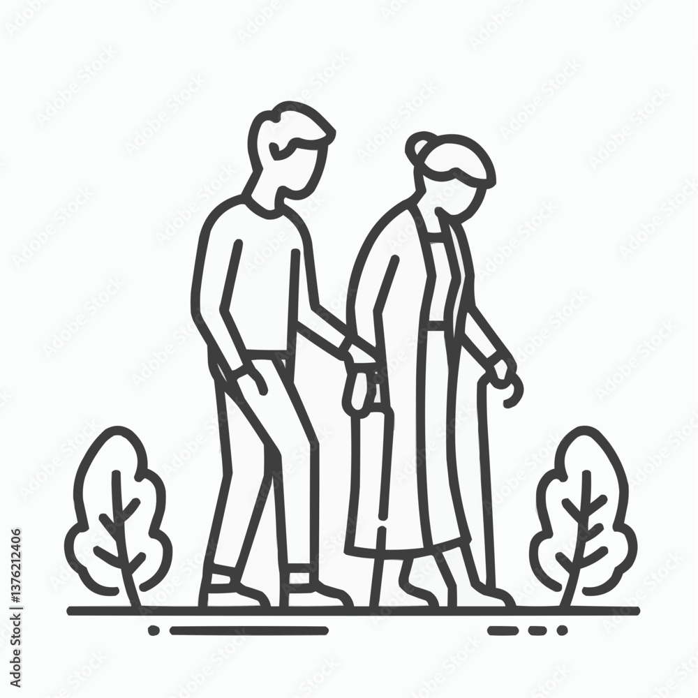 Fototapeta premium Caregiver assisting an elderly woman while walking outdoors in a supportive environment 