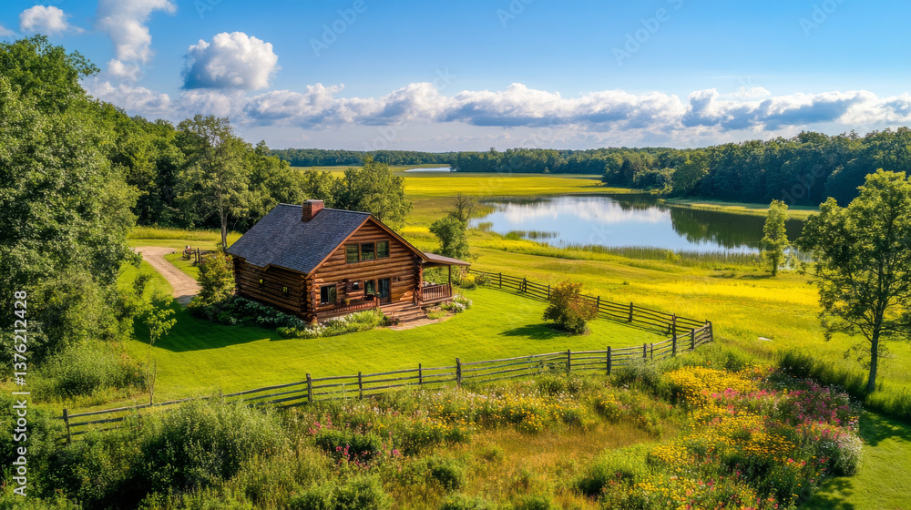 A charming log cabin sits beside a serene lake, surrounded by lush greenery, wildflowers, and a wooden fence under a bright sky. A charming log cabin sits beside a serene lake, surrounded by lush greenery, wildflowers, and a wooden fence under a bright sky.