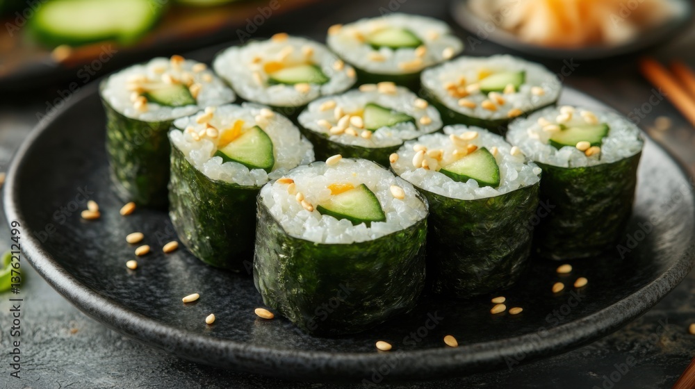 Fresh sushi rolls with cucumber and sesame seeds served on a black plate in a modern dining setting Fresh sushi rolls with cucumber and sesame seeds served on a black plate in a modern dining setting