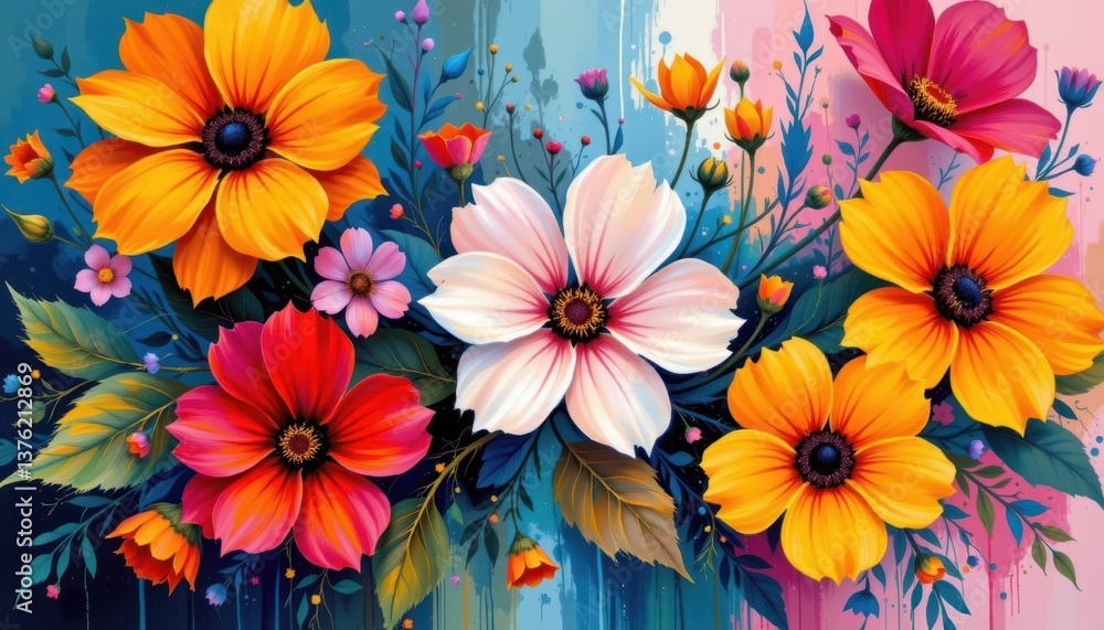 Vibrant Floral Composition An abstract painting of flowers with bold colors and loose brushwork, emphasizing movement and life. Vibrant Floral Composition An abstract painting of flowers with bold colors and loose brushwork, emphasizing movement and life.