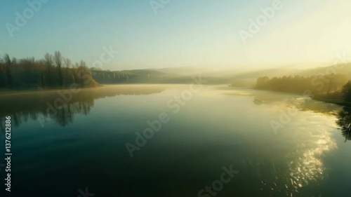 Wallpaper Mural A lake with a foggy mist in the background. The water is calm and still. Trees are visible in the distance Torontodigital.ca