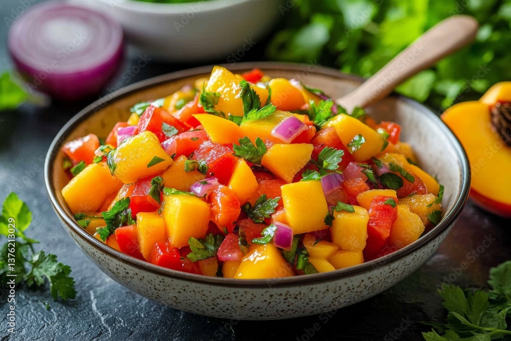 Fresh Mango Salsa With Vibrant Vegetables and Herbs Served in a Bowl Fresh Mango Salsa With Vibrant Vegetables and Herbs Served in a Bowl