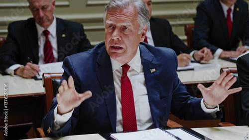 Senior politician wearing suit and tie with usa flag pin is speaking and gesturing with hands at a global leaders summit, other politicians are taking notes in background